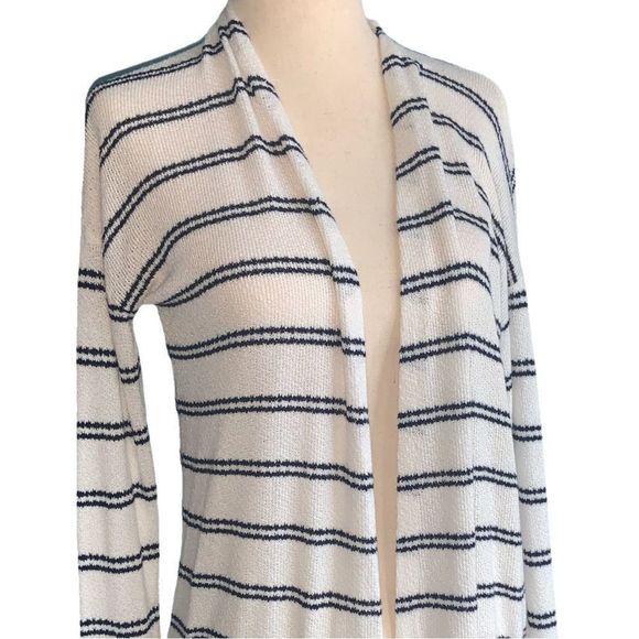 CARDIGAN SWEATER BY STACCATO | WHITE WITH COUPLED BLACK STRIPES | SMALL - Picture 2 of 6